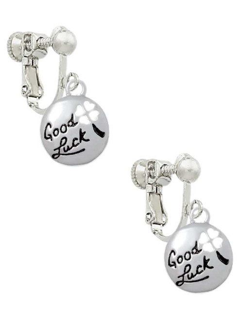 Good Luck Disc with Cutout Four Leaf Clover Clip On Earrings
