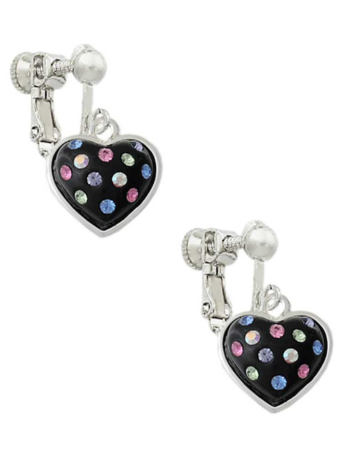 Black Resin Heart with Tropical Crystals Clip On Earrings