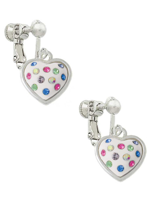 White Resin Heart with Spring Crystals Clip On Earrings