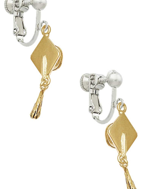 Gold Tone Graduation Hat Clip On Earrings