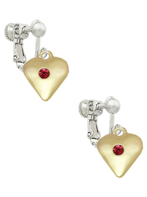 Large January - Maroon Crystal Gold Tone Heart Clip On Earrings