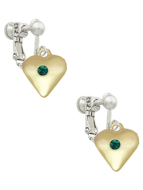 Large May - Green Crystal Gold Tone Heart Clip On Earrings