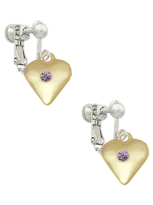 Large Light Purple Crystal Gold Tone Heart Clip On Earrings