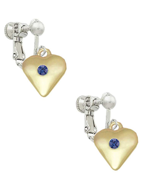 Large September - Blue Crystal Gold Tone Heart Clip On Earrings