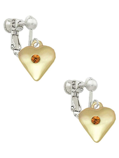 Large November - Yellow Crystal Gold Tone Heart Clip On Earrings