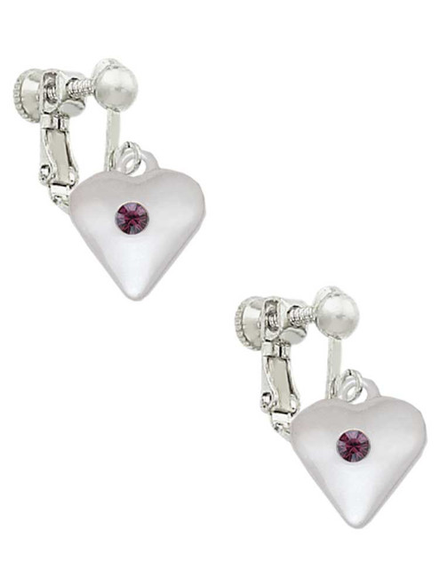 Large February - Purple Crystal Heart Clip On Earrings