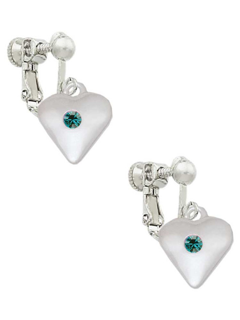 Large December - Teal Crystal Heart Clip On Earrings