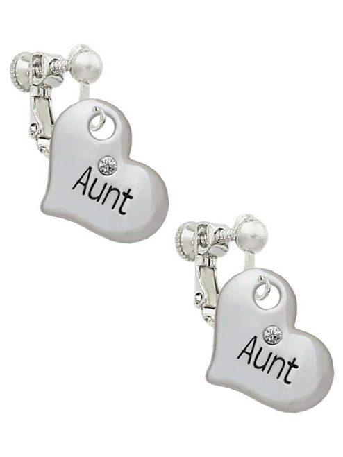 Large ''Aunt'' Heart with Clear Crystal Clip On Earrings