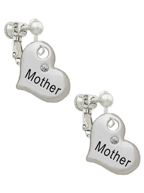 Large ''Mother'' Heart with Clear Crystal Clip On Earrings