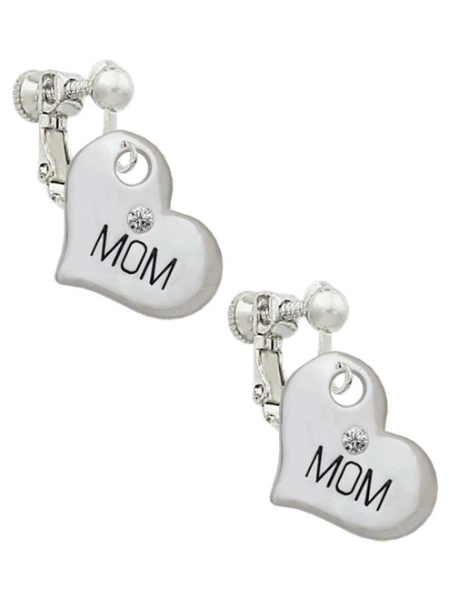 Large ''Mom'' Heart with Clear Crystal Clip On Earrings