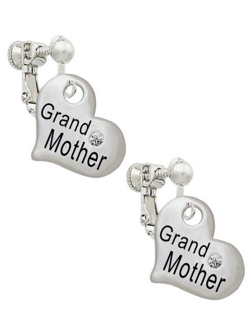 Large ''Grandmother'' Heart with Clear Crystal Clip On Earrings
