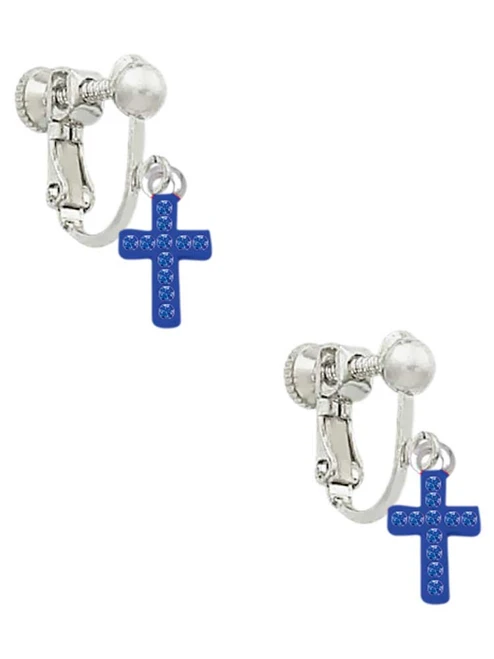 Small Blue Crystal Cross Clip On Earrings