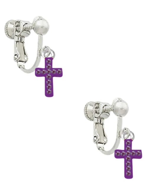 Small Purple Crystal Cross Clip On Earrings