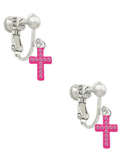 Small Hot Pink Crystal Cross Clip On Earrings