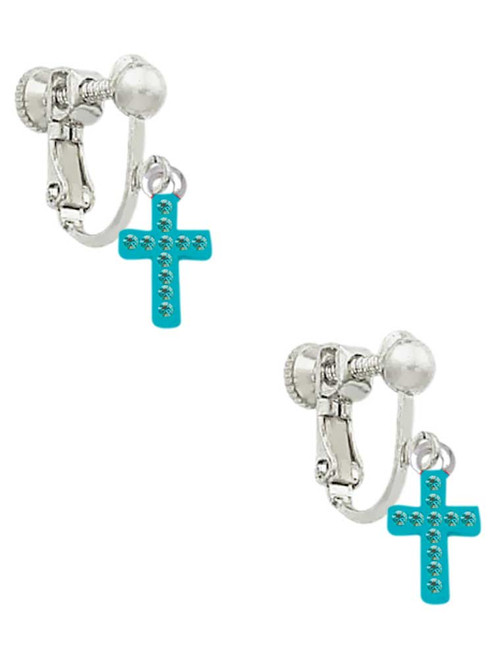 Small Teal Crystal Cross Clip On Earrings