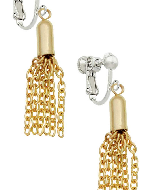 Small Gold Tone Tassel Clip On Earrings