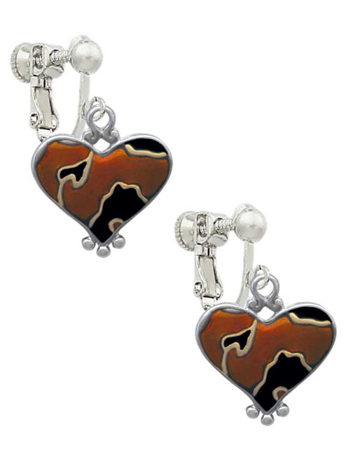 Two Tone Enamel Cheetah Print Heart Clip On Earrings