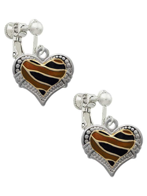 Two Tone Enamel Tiger Print Heart Clip On Earrings