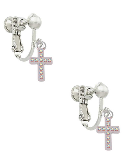 Small AB Crystal Cross Clip On Earrings