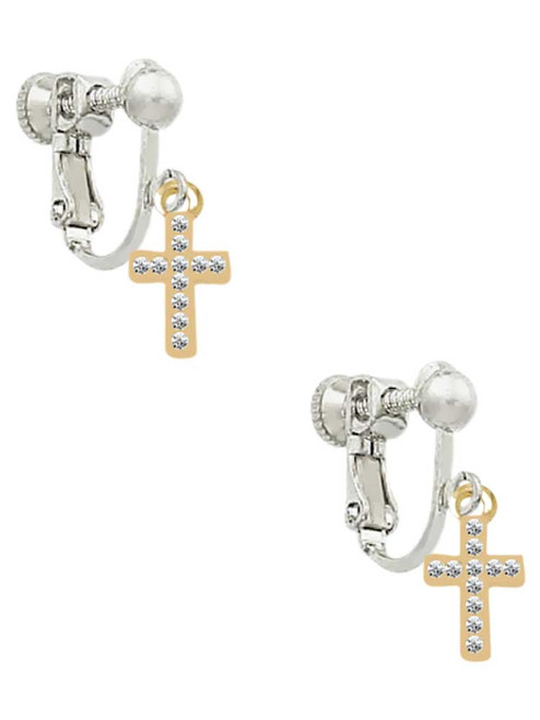 Gold Tone Small Crystal Cross Clip On Earrings