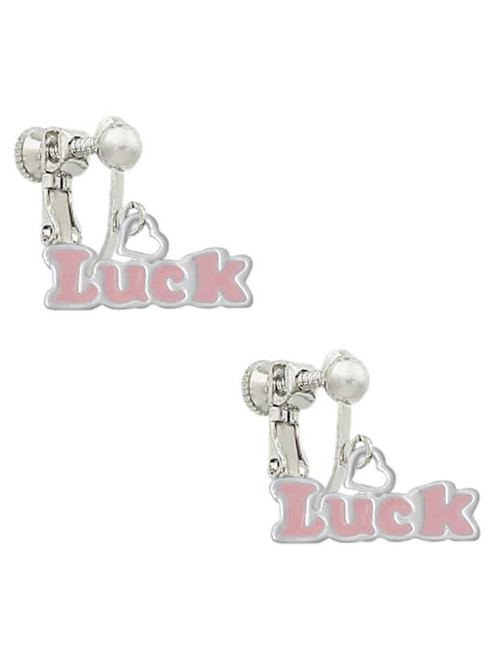Pink ''Luck'' with Heart Clip On Earrings