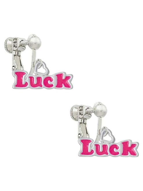 Hot Pink ''Luck'' with Heart Clip On Earrings