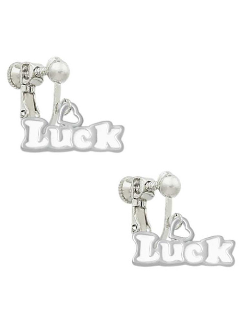 White ''Luck'' with Heart Clip On Earrings