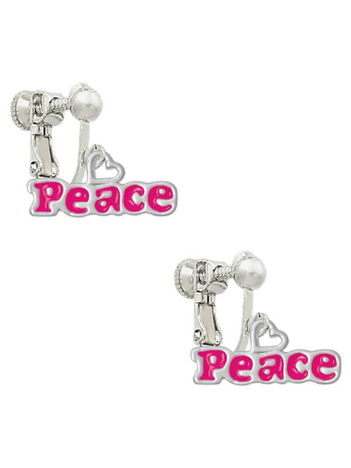 Hot Pink ''Peace'' with Heart Clip On Earrings