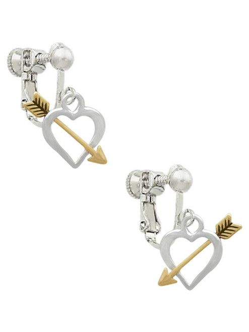 Open Heart with Gold Tone Arrow Clip On Earrings