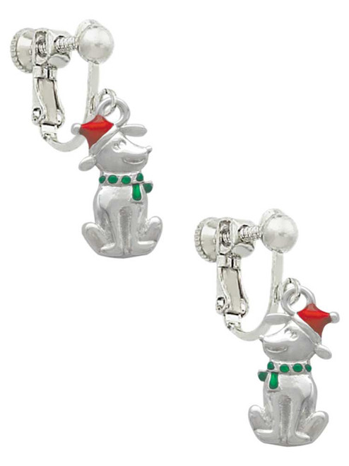 2-D Christmas Dog with Red Hat Clip On Earrings