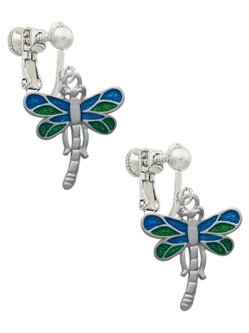 Dragonfly with Green & Blue Wings Clip On Earrings