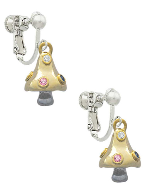3-D Gold Tone Mushroom with Crystals Clip On Earrings