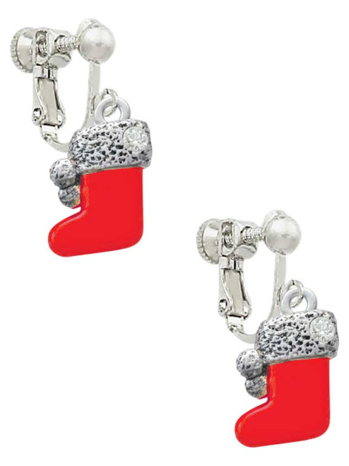 3-D Red Stocking with Fur and Clear Crystal Clip On Earrings