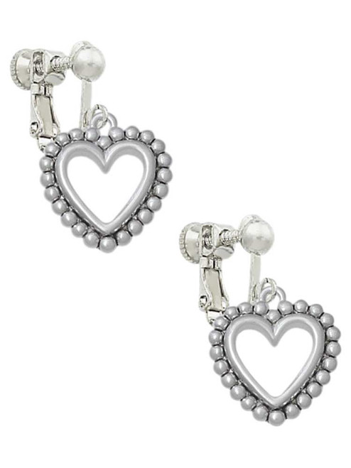 Open Heart with Beaded Border - 2 Sided Clip On Earrings