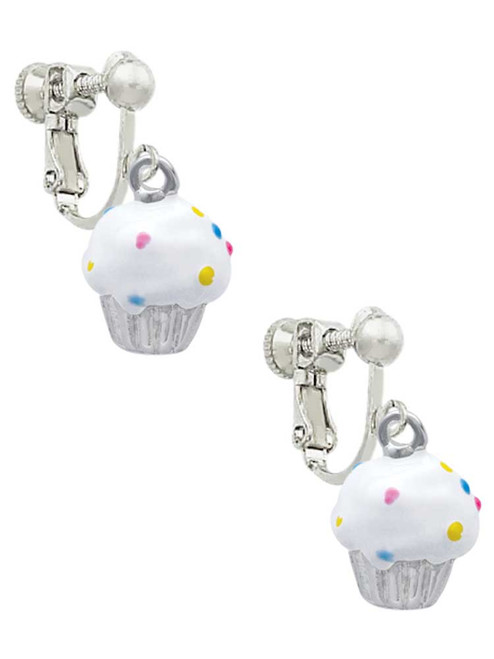 3-D White Cupcake with Sprinkles Clip On Earrings