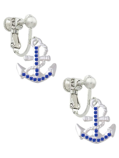 Blue Crystal Anchor Clip On Earrings