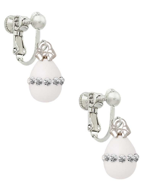 White Easter Egg with Clear Crystal Band Clip On Earrings