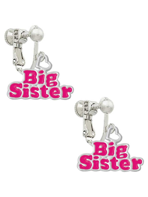 Hot Pink ''Big Sister'' with Heart Clip On Earrings