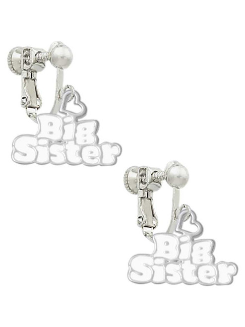 White ''Big Sister'' with Heart Clip On Earrings