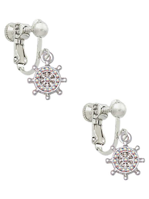 Mini AB Crystal Ship Wheel Clip On Earrings