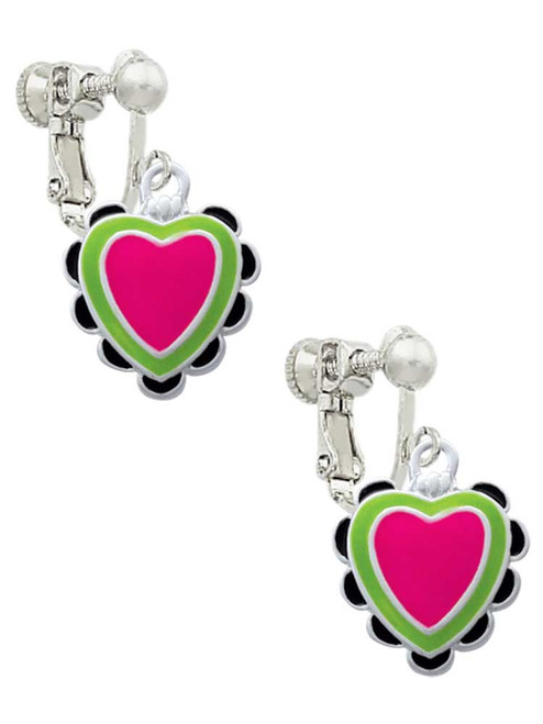 Hot Pink & Lime Green Heart with Black Ruffles Clip On Earrings