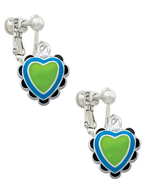 Lime Green & Hot Blue Heart with Black Ruffles Clip On Earrings