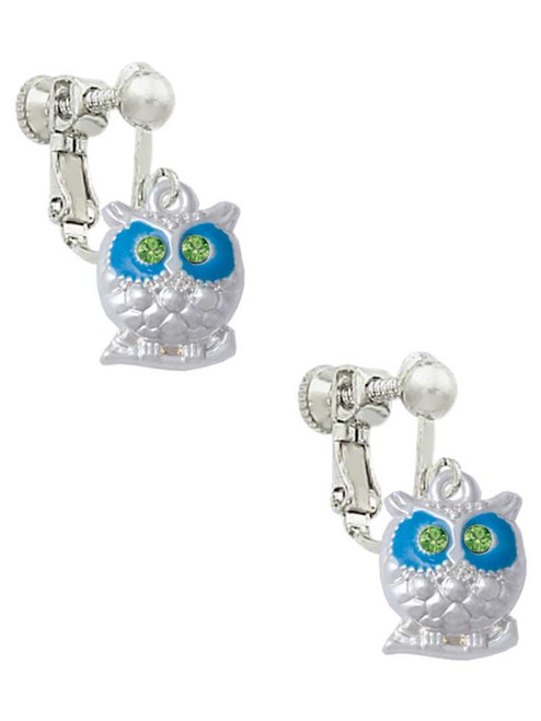 Owl with Hot Blue & Lime Green Crystal Eyes Clip On Earrings