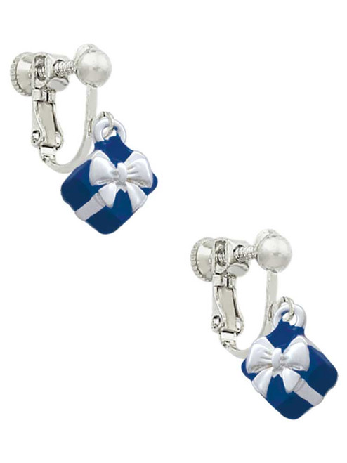 Small 3-D Blue Present Box with Bow Clip On Earrings