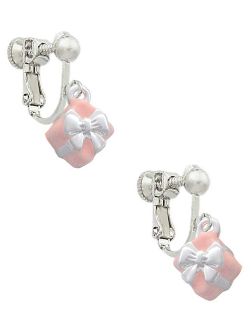 Small 3-D Pink Present Box with Bow Clip On Earrings