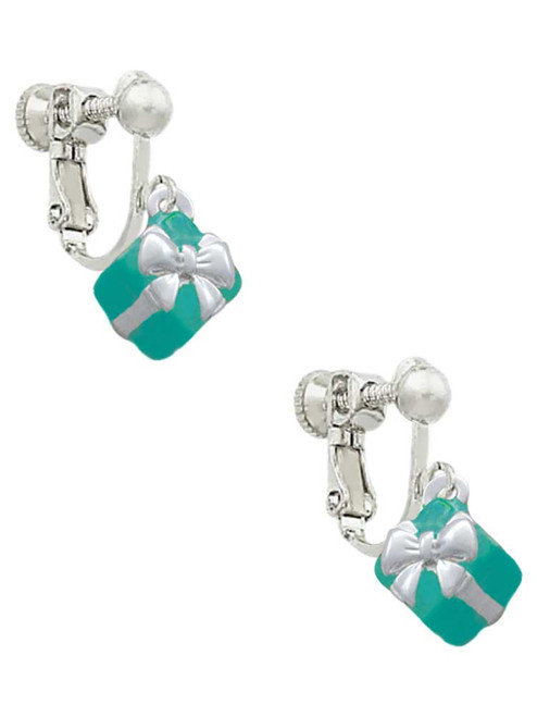 Small 3-D Teal Present with Bow Clip On Earrings