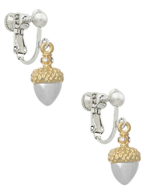 Small Acorn with Gold Tone Top and Crystals Clip On Earrings