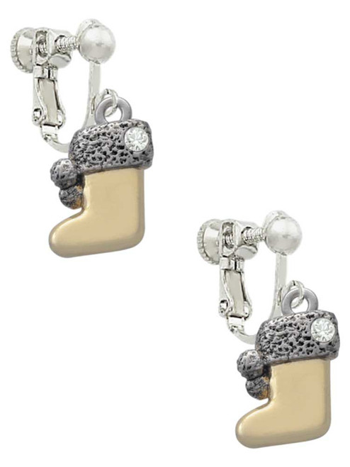 3-D Gold Tone Stocking with Fur and Clear Crystal Clip On Earrings