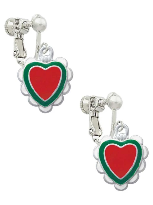 Red & Green Heart with White Ruffles Clip On Earrings