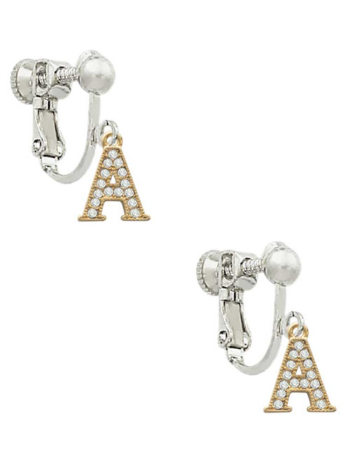Gold Tone Small Crystal Initial - A - Clip On Earrings